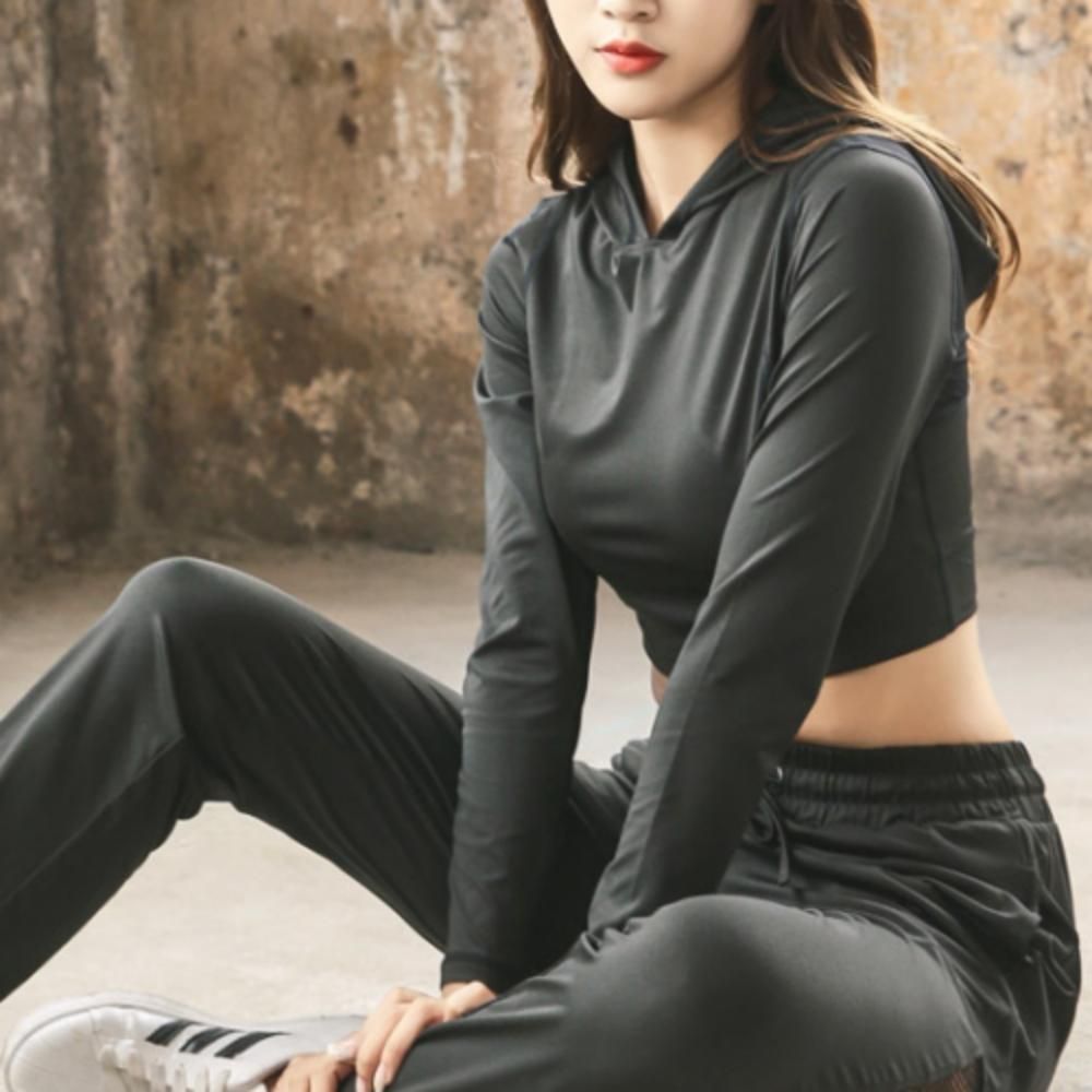 여자 헬스 운동 긴팔 후드 요가복 필라테스 크롭 상의