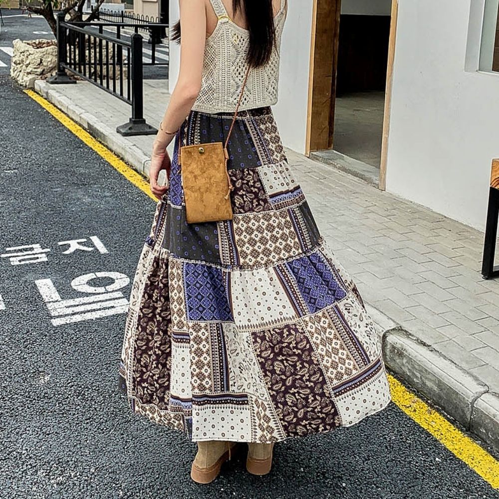 여성 네모패턴 봄 가을 밴딩 롱스커트 플레어스커트