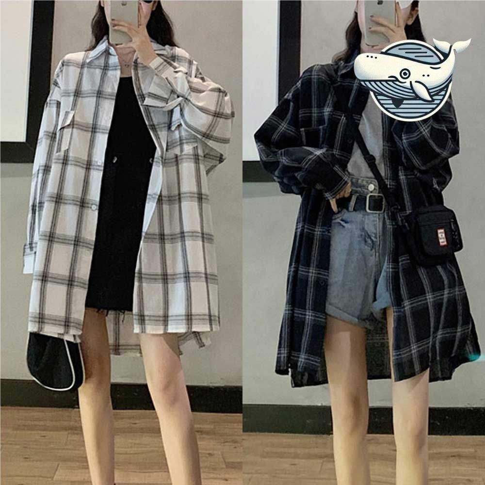 세련된 체크 롱셔츠 스트릿 패션 여성용 가벼운
