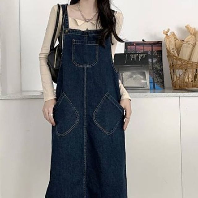 포켓 멜빵 데님 원피스 ST119
