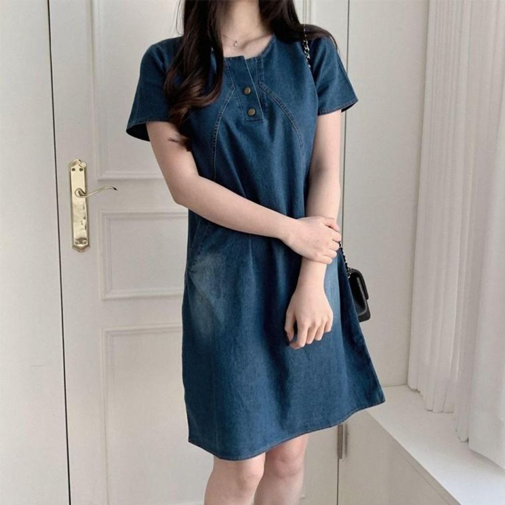 반팔 데님 원피스 여성 캐주얼 중청 미디 스커트 빈티