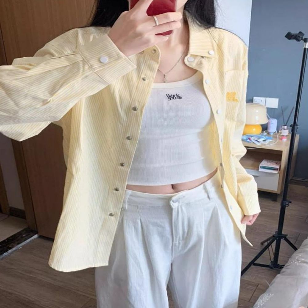 여성 봄 가을 스트라이프 자수 캐주얼 남방 긴팔셔츠