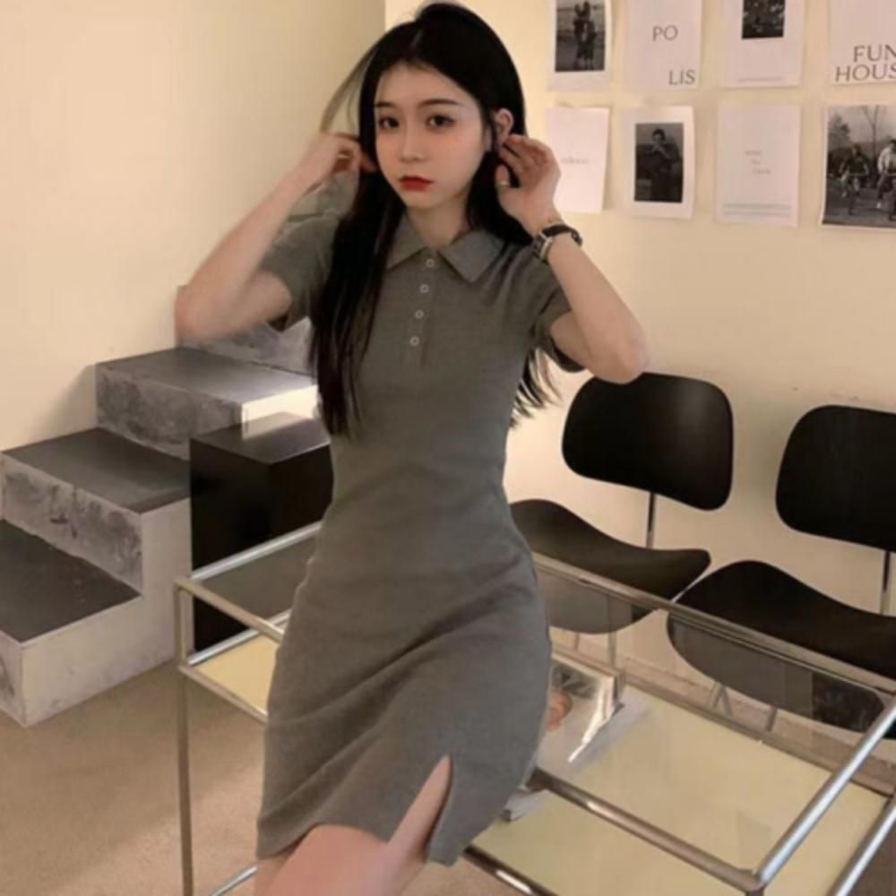 여성 여름 데일리 카라 옆트임 슬림 반팔 미니 원피스