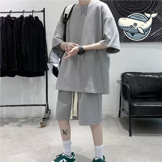 편안한 여름 오버핏 네이비 반팔 바지 캐주얼