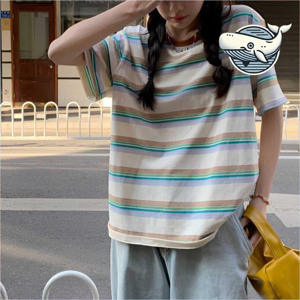 여성 여름 스트라이프 반팔 티셔츠 루즈핏
