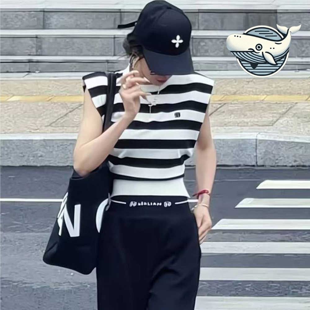 여름 스트라이프 민소매 티셔츠 허리끈