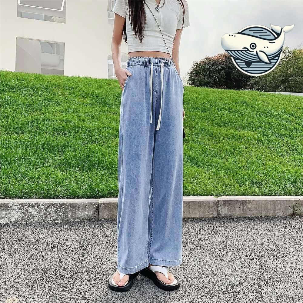 여성용 통기성 데님 바지 와이드 스타일 밴딩