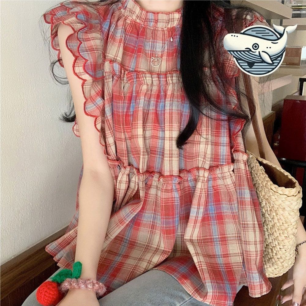 여름 체크 민소매 블라우스 플레어 프릴 캉캉