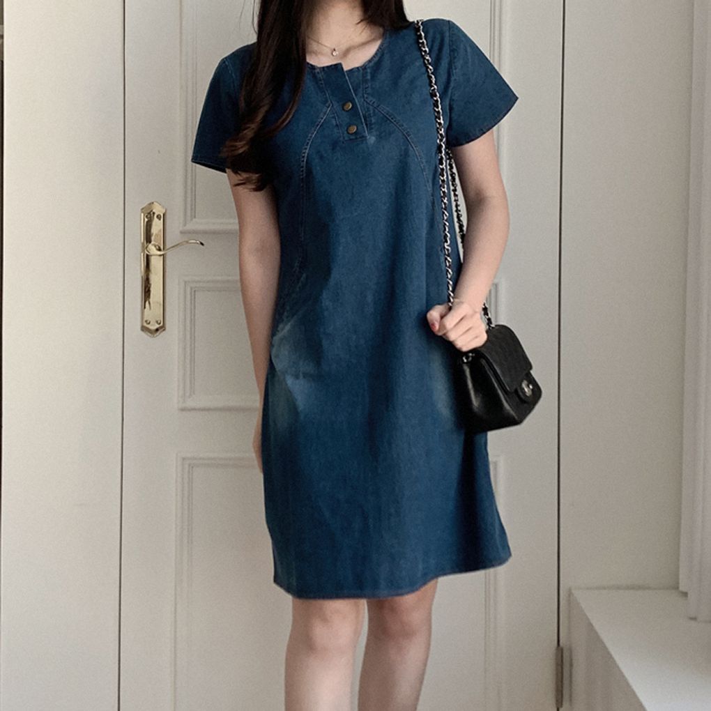 반팔 데님 원피스 여성 캐주얼 중청 미디 스커