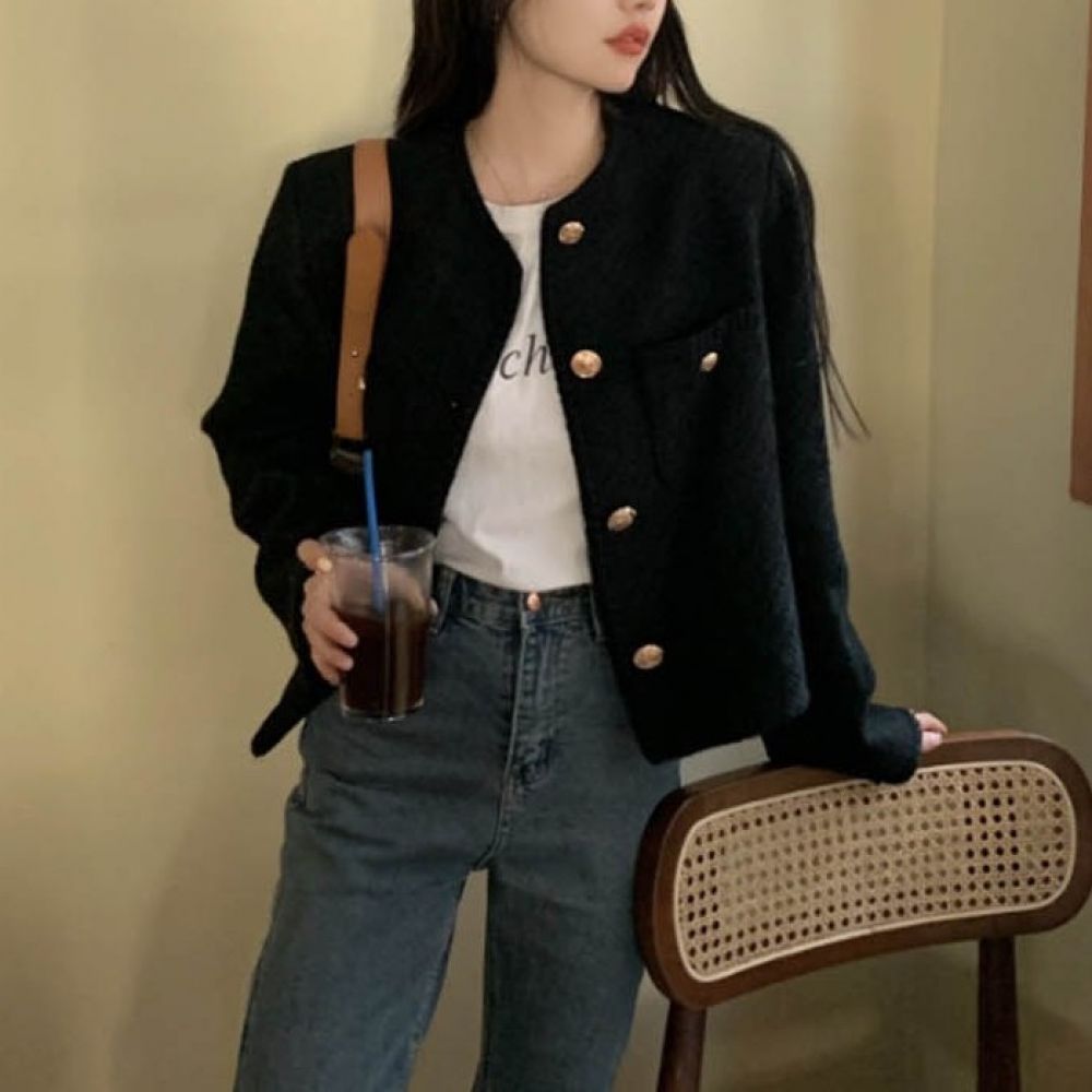 크롭 트위드 데이트 여성 노카라 가을 숏 재킷