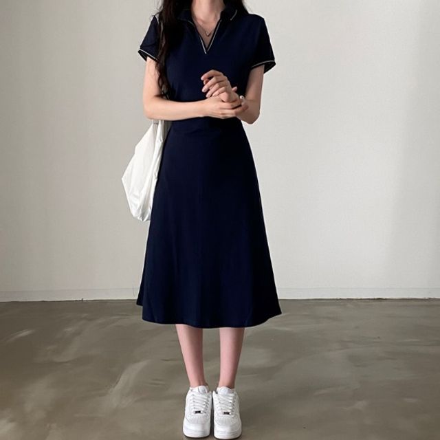 대학생 학생 직장인 브이넥 카라 배색 A 원피스