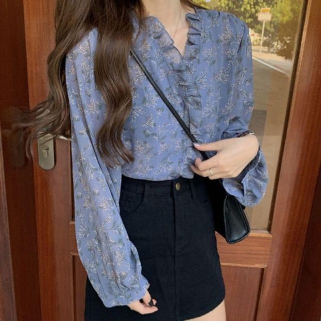 여성 여름 봄 기본 긴팔 데이 프릴 블라우스 브라우스