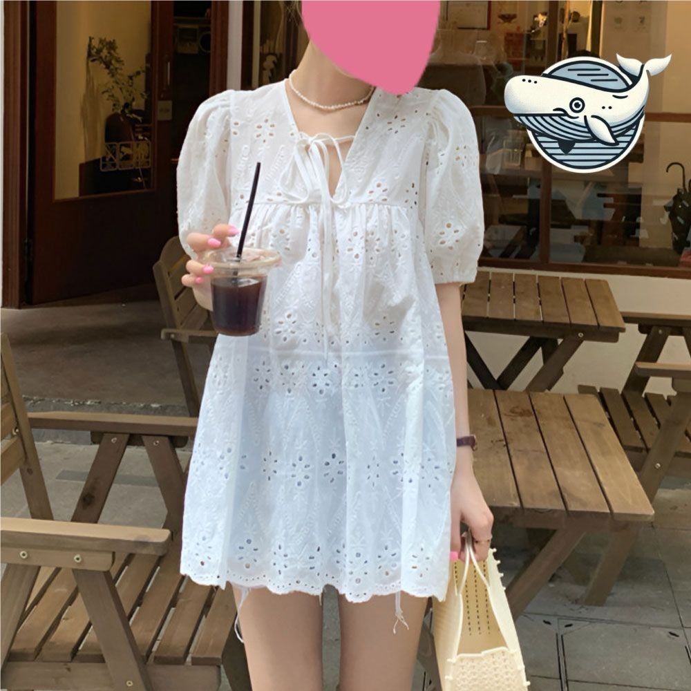 여성 펀칭 패턴 블라우스 리본 스트랩 벌룬