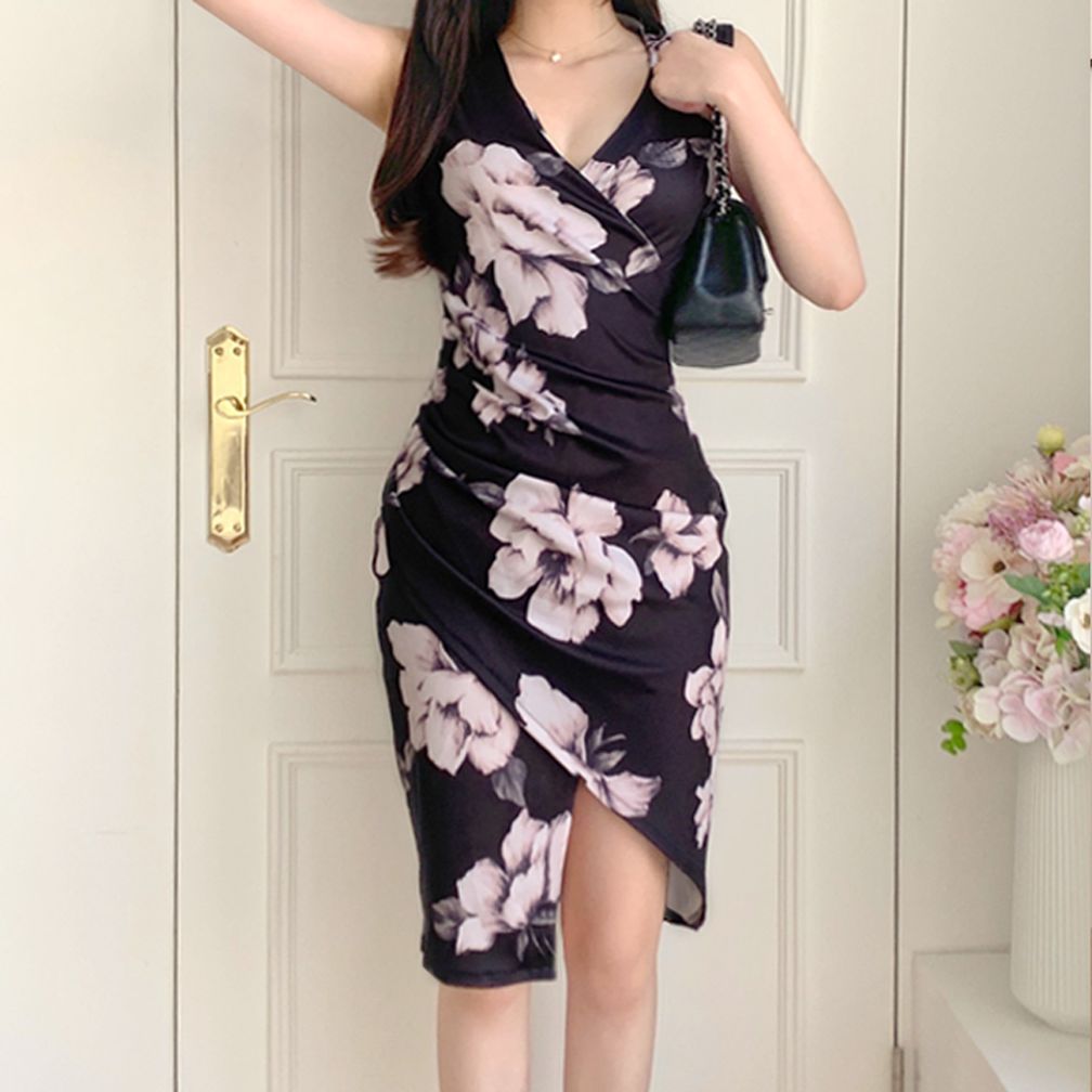 플라워 랩 스커트 브이넥 셔링 민소매 미디 롱