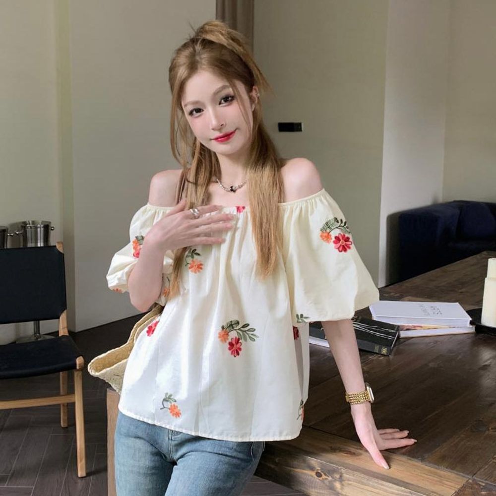 여성 꽃무늬 모임 외출 오픈 숄더 블라우스