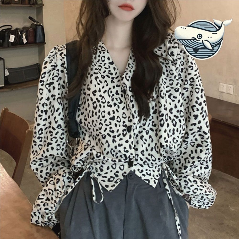 여성용 크롭형 루즈핏 레오파드 블라우스 셔링