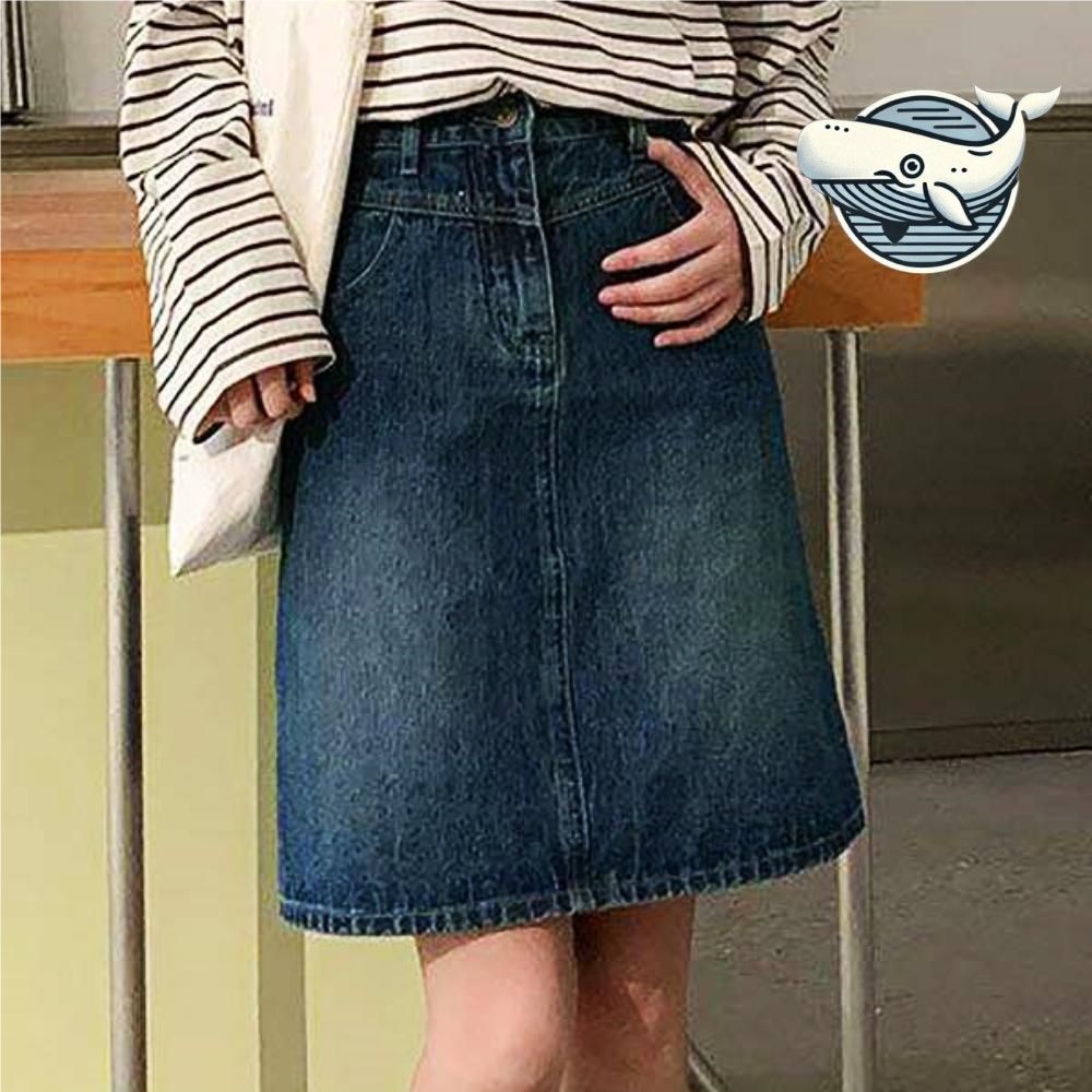 미디 길이 데님 스커트 여성 하이웨스트 스타일
