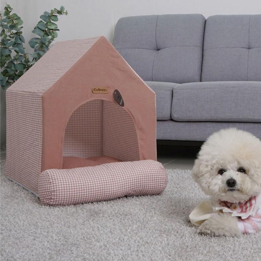 강아지집 쿠션 하우스 레드 핑크) (체크 해피 애견 애
