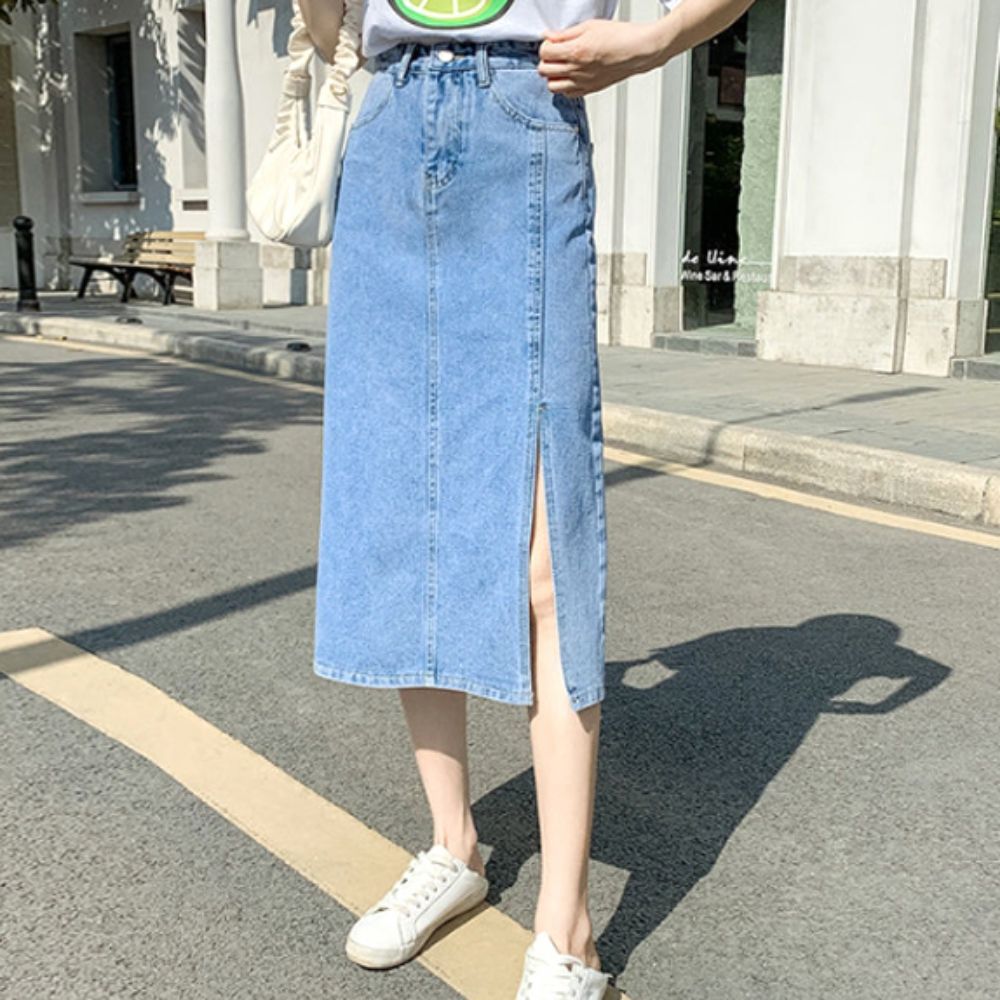 롱 예쁜 앞트임 데님 여성 쉬폰 생지 볼트 플