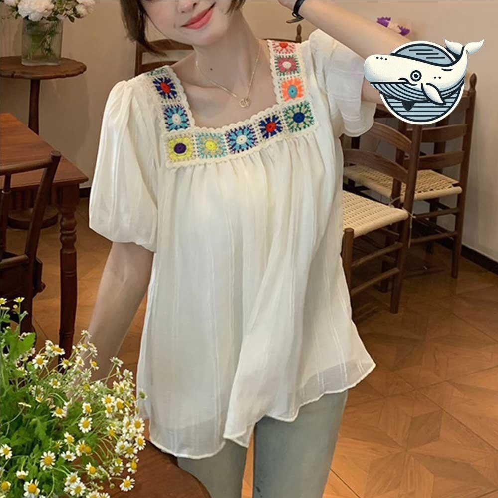 스퀘어넥 자수 브이넥 블라우스 여름 패션