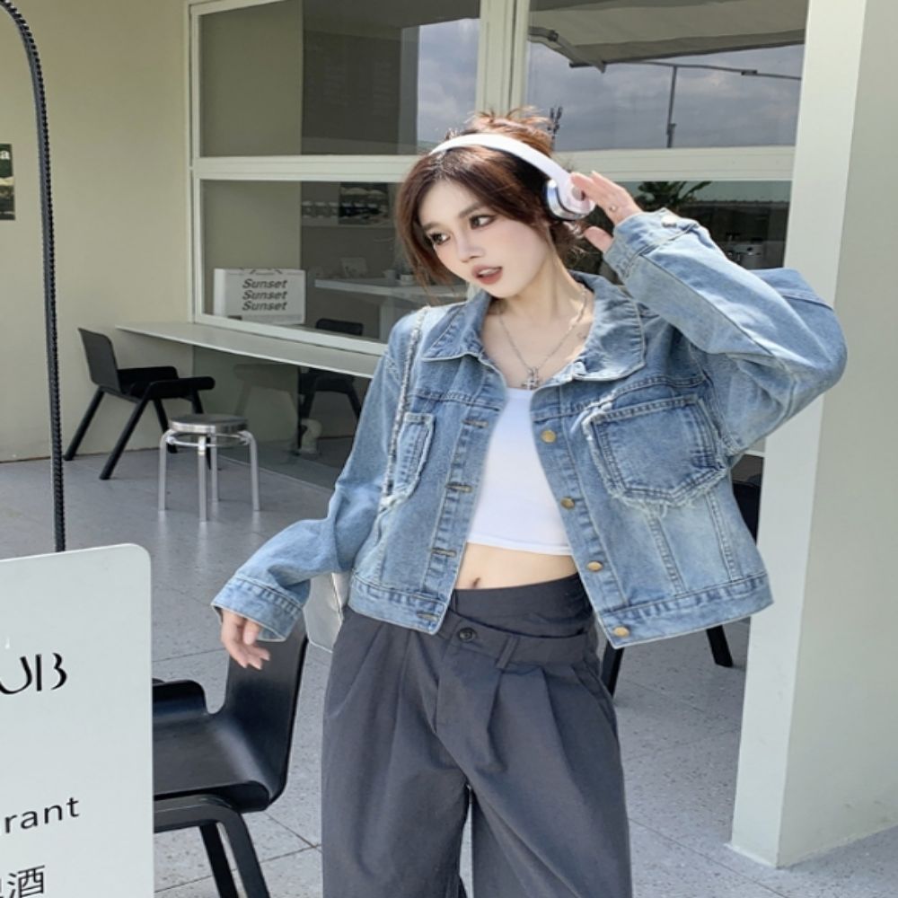 여자 포켓 멋스러운 여유핏 중청 데님 청자켓