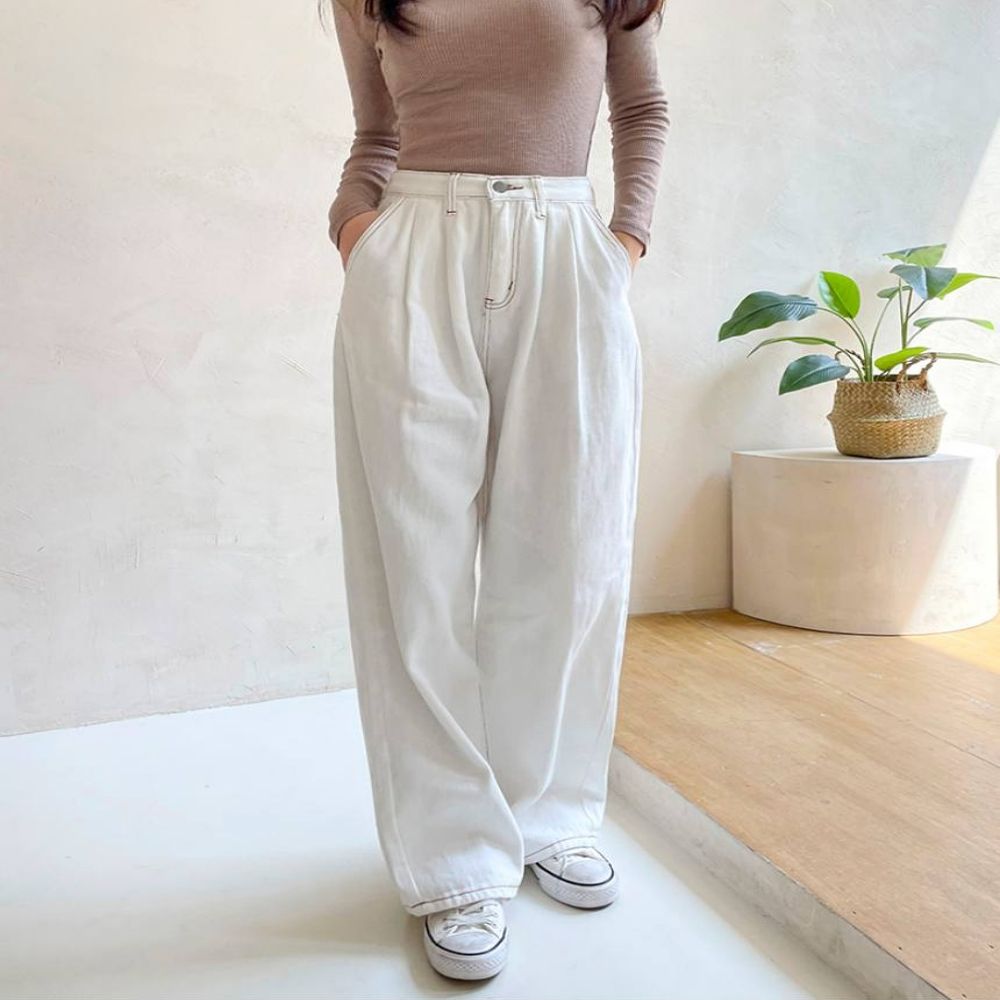 여자 일상 코디 퓨어 코튼 세미와이드핏 롱팬츠 바지
