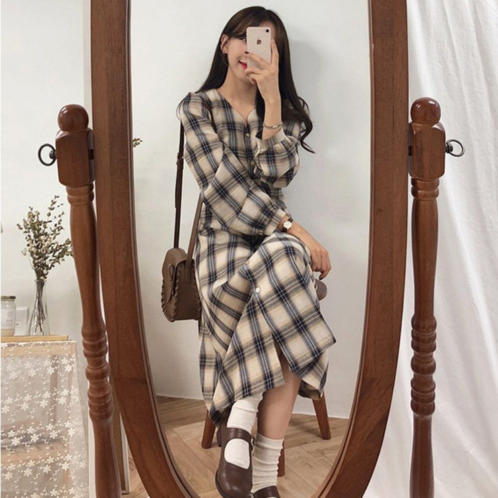 여자 데일리 체크 롱원피스 291