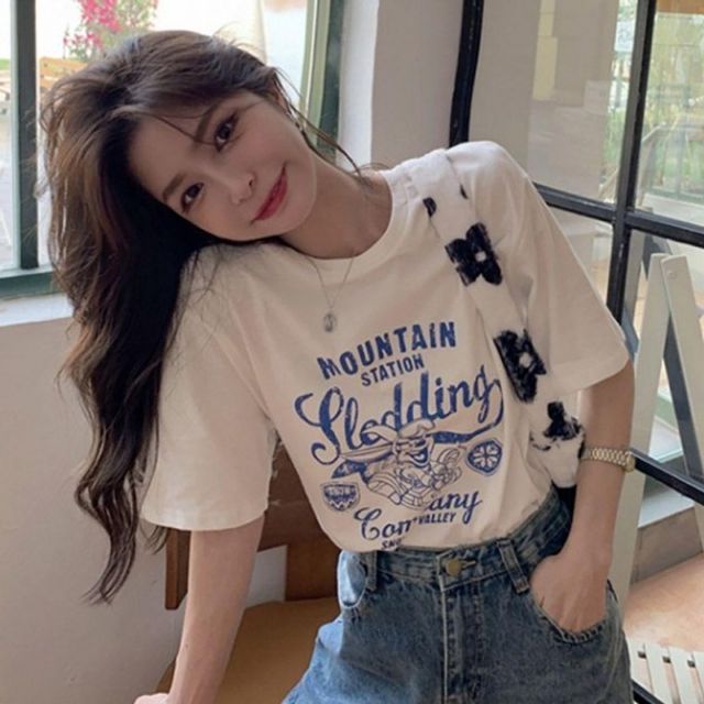 여성 프린팅 박스핏 기본 라운드넥 데이 면 반팔 티셔