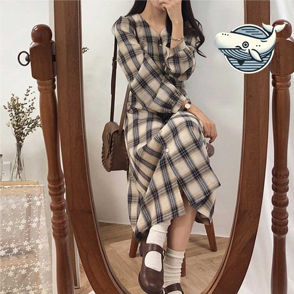 세련된 체크 패턴 롱원피스 오피스 데일리