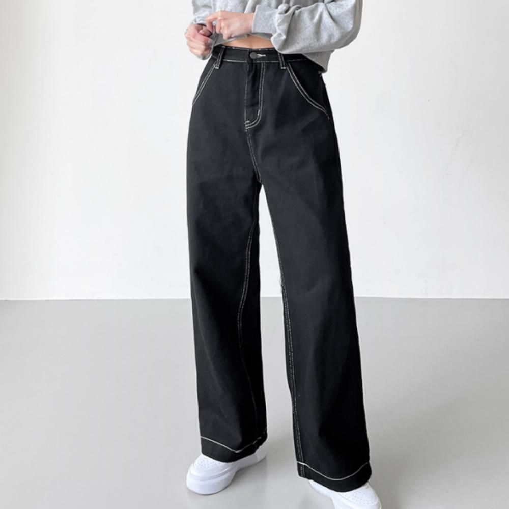 여성 캐주얼 데일리 코튼 스티치 일자 와이드 팬츠 바