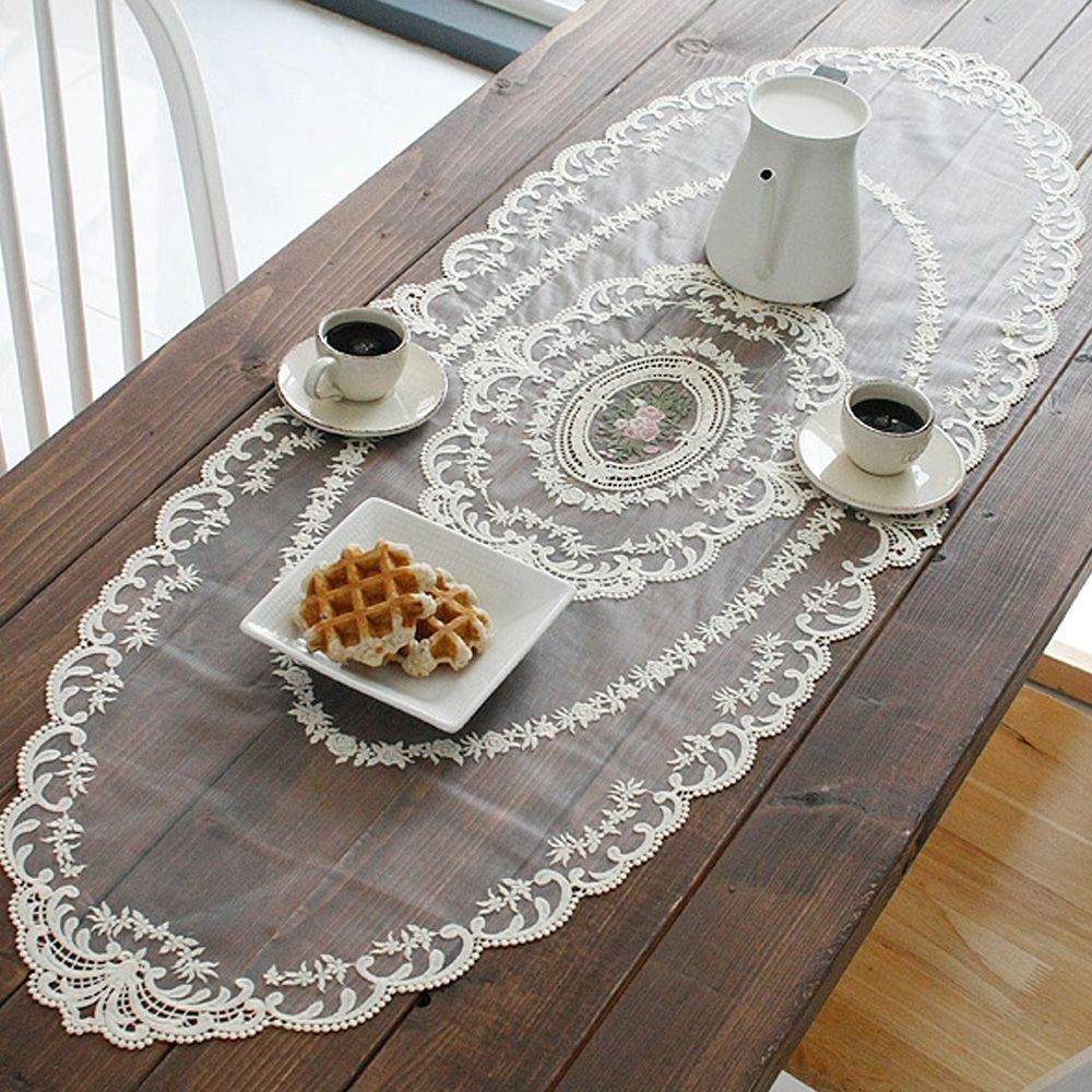 꽃무늬 자수 레이스 테이블 러너 면레이스 식탁 깔개