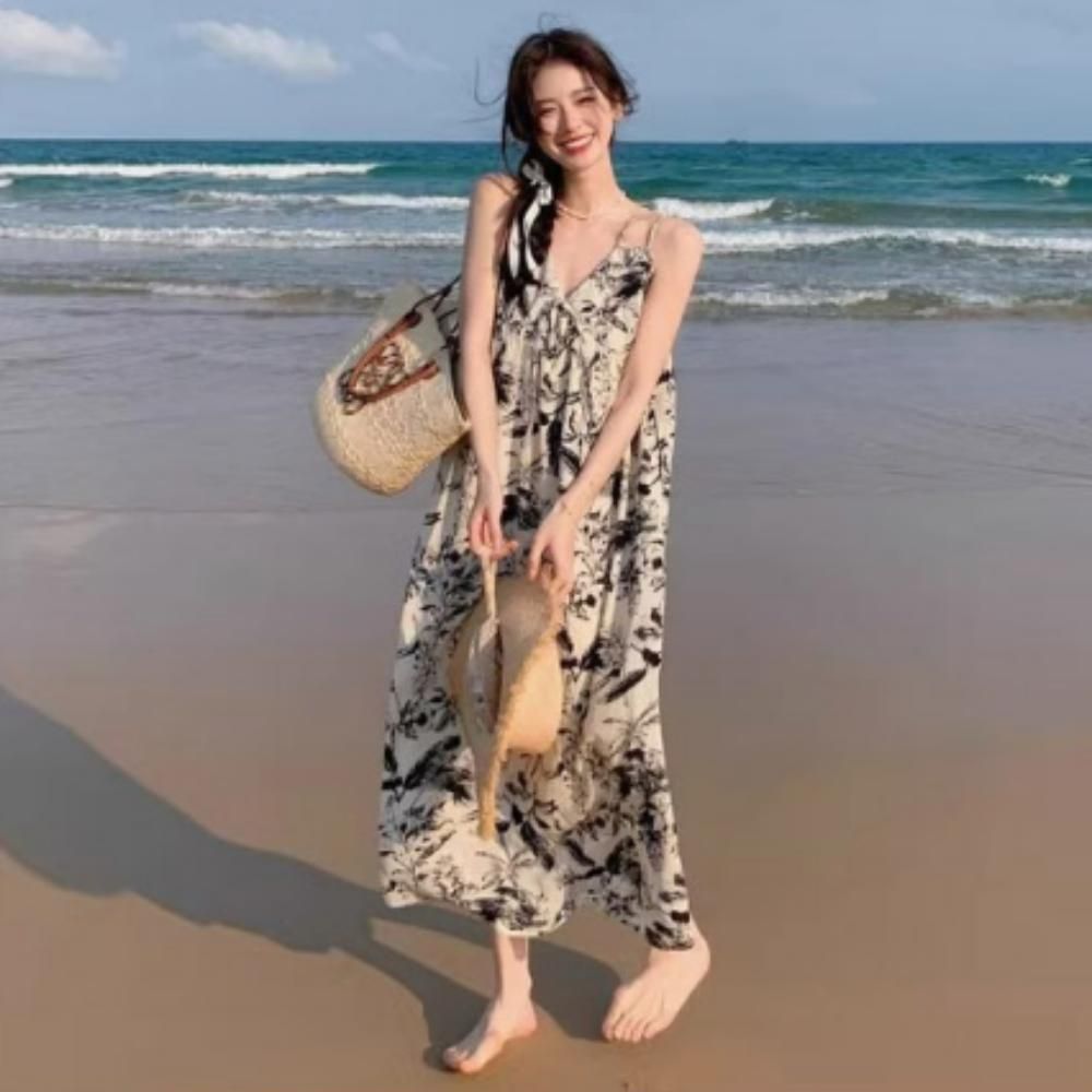 바캉스 여름 데일리 플라워 원피스 롱 앞리본 여성