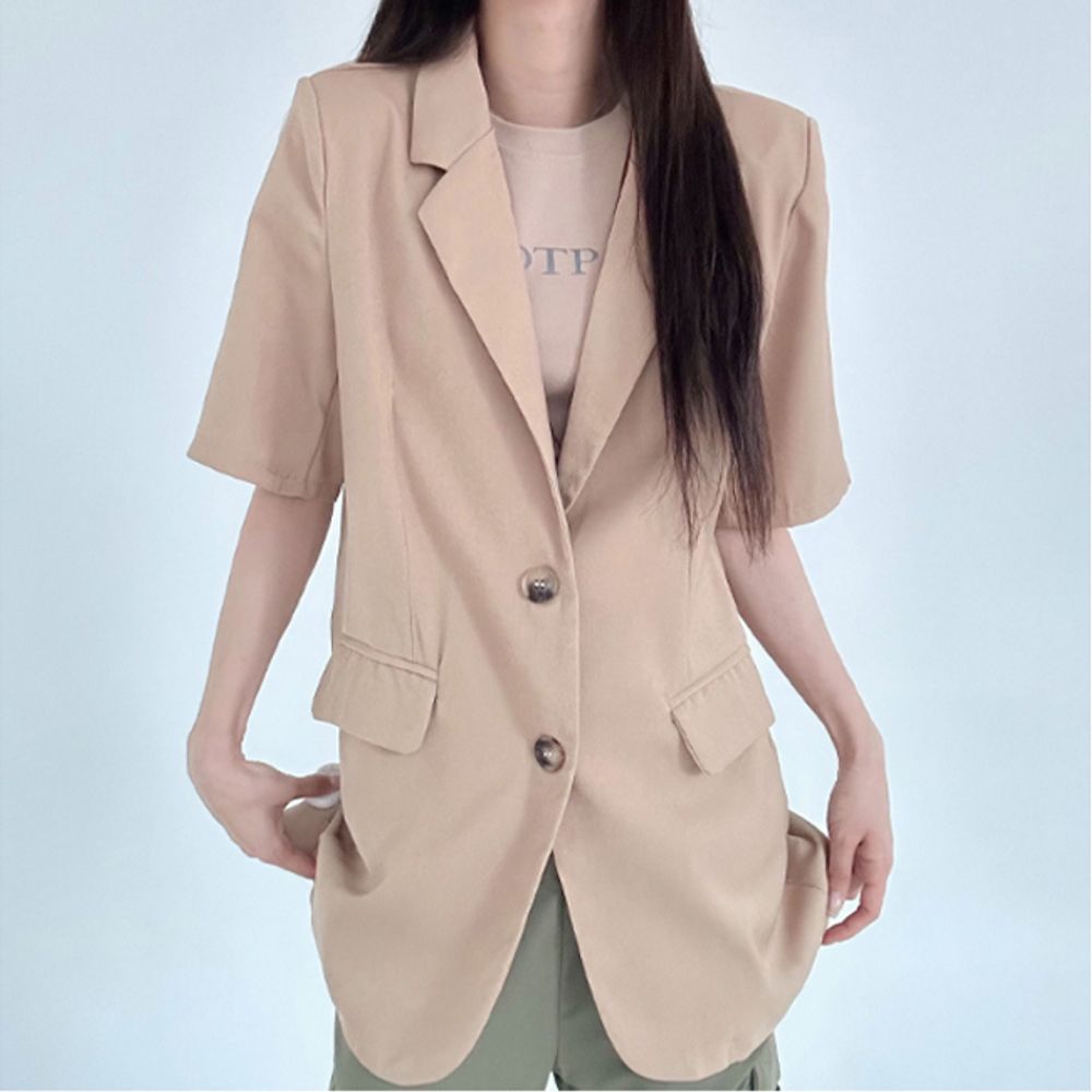 여성 깔끔한 카라 반팔 롱자켓 1P 루즈핏 여름 하객룩