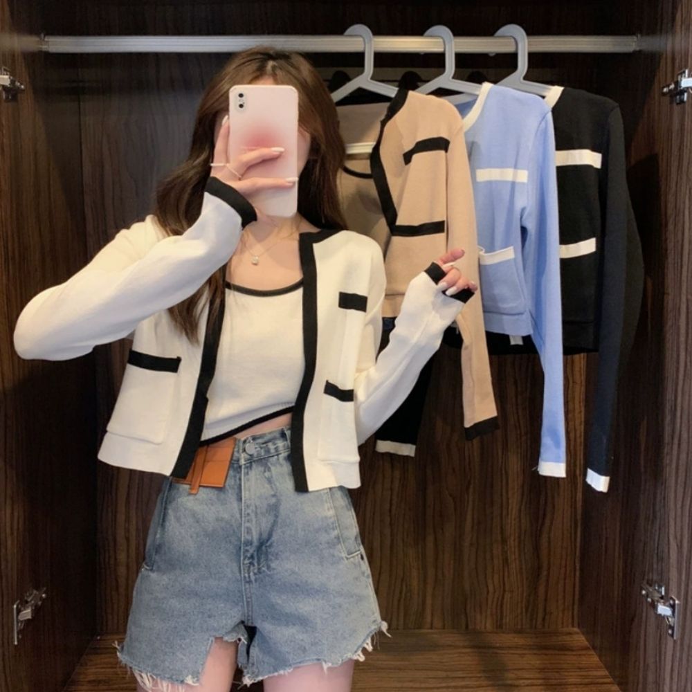 여성 2커럴 소프트 데일리 배색 나시티 가디건 세트