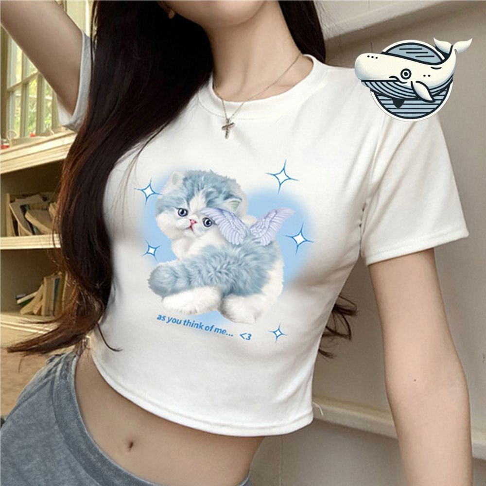 여름 스타일 블루캣 프린팅 크롭티 여학생