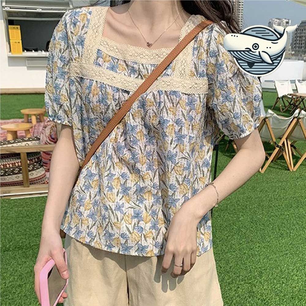 여름 모던 레이스 스퀘어넥 반팔 티셔츠 화사한