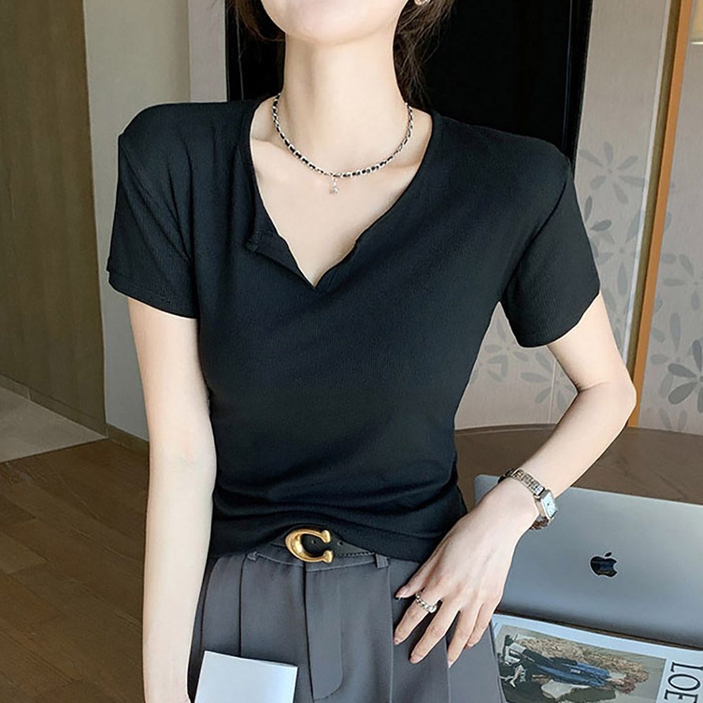 반오픈 스타일 여름 반팔티셔츠 여자 소재 슬림