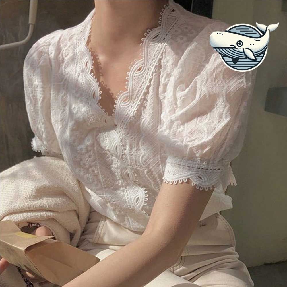 여성 물결 레이스 퍼프소매 반팔 블라우스
