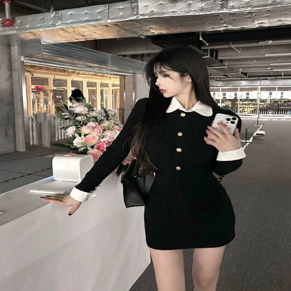 여성 시크 화이트카라 레이어드 금장 블랙미니원피스