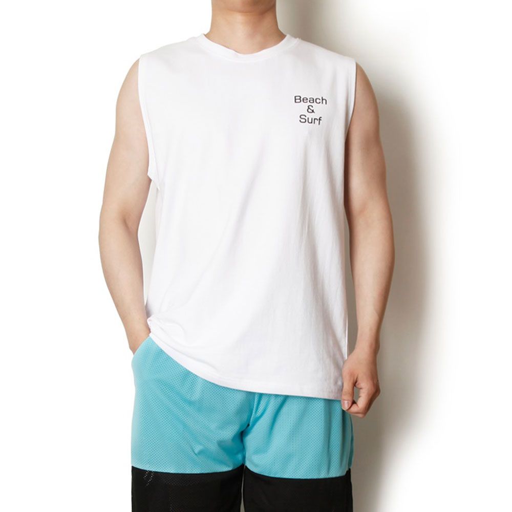 남자휴가룩 라운드 민소매 면티셔츠 백프린팅 나시티