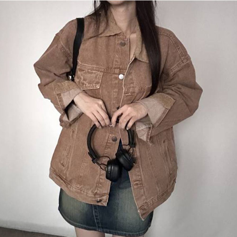 여성 캐주얼 박스핏 청자켓 1P 카라 배색 데님 외투