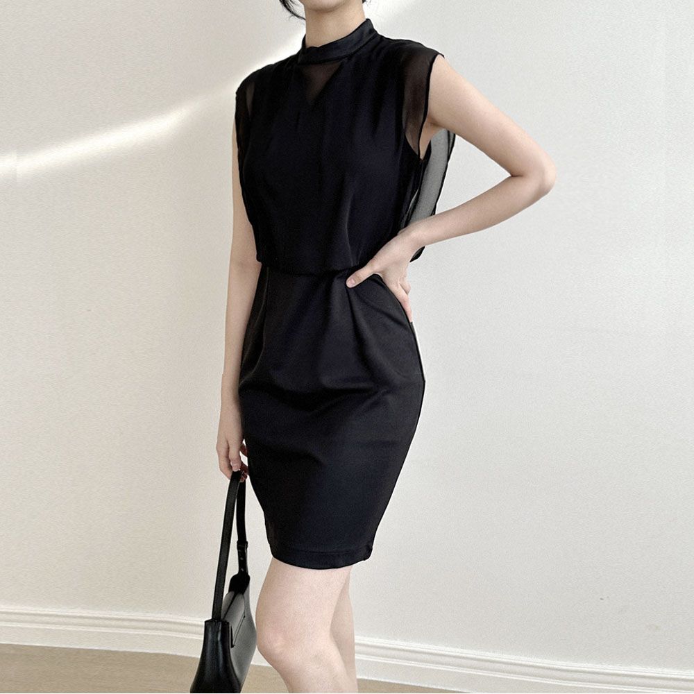 블랙 여성 원피스 프릴 H라인 슬림핏 하객룩 드레스