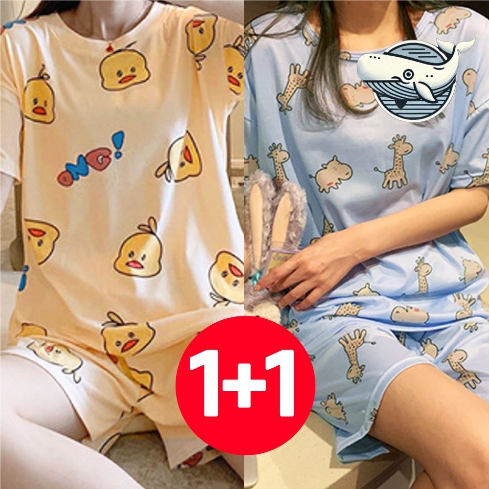 여름 귀여운 패턴 여성 잠옷 2개 오리 호주
