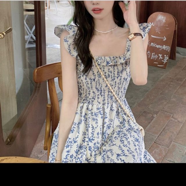 여성패턴원피스 어깨 스모크밴딩 기본 레이스 데이 패