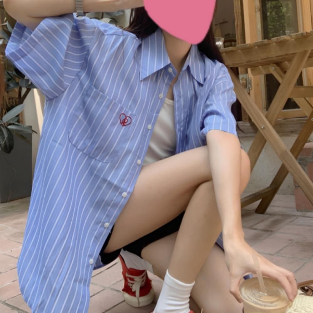 여름 여성 여자 스트라이프 반팔 셔츠 데일리 남방