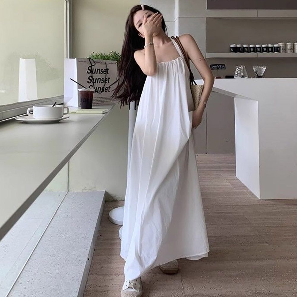 여자 홀터넥 뒷트임 오픈 포인트 A라인 민소매 원피스