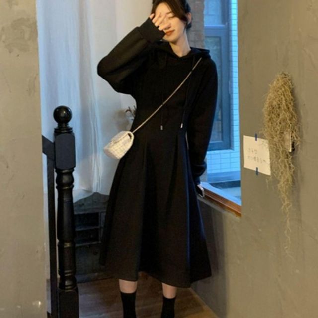 여성 스타일 루즈핏 기본 허리 데이 핀턱 후드 롱 원