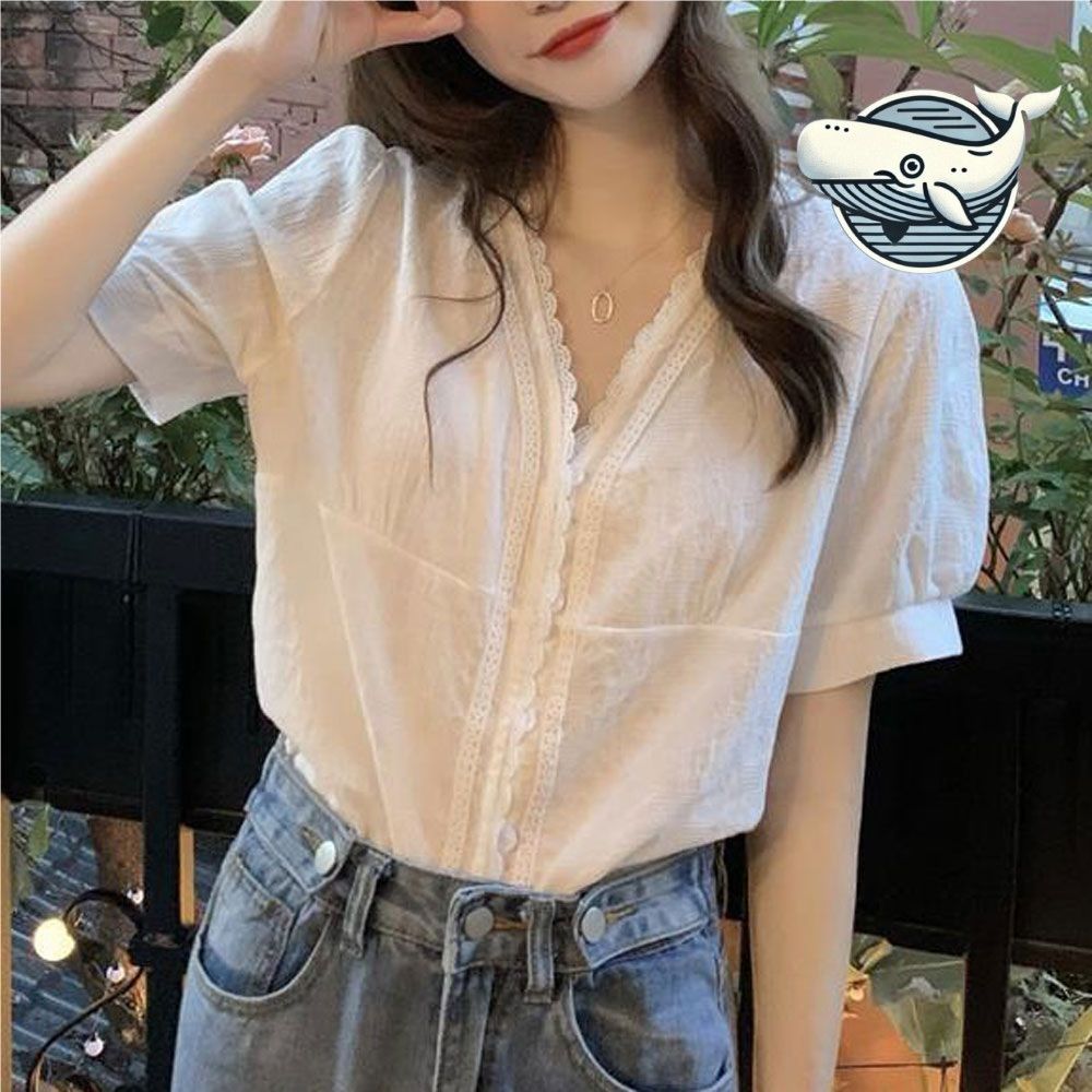 여름 데일리 레이스 블라우스 브이넥 반팔