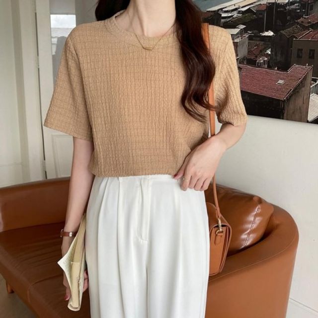 쿨링 여성 여름 기본 반팔티셔츠 데이 여자 와플 주름