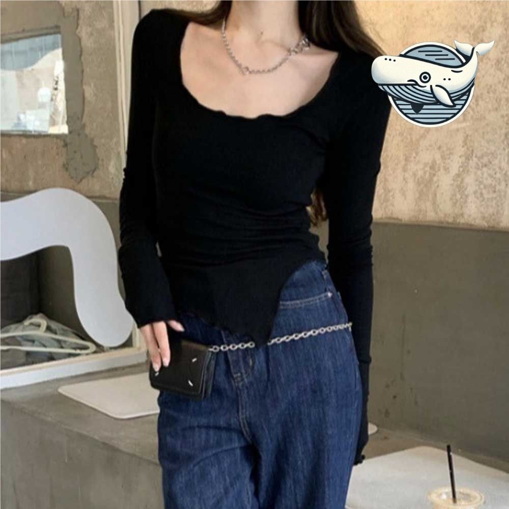 여성 슬림핏 블랙 긴팔 티셔츠 데일리 패션